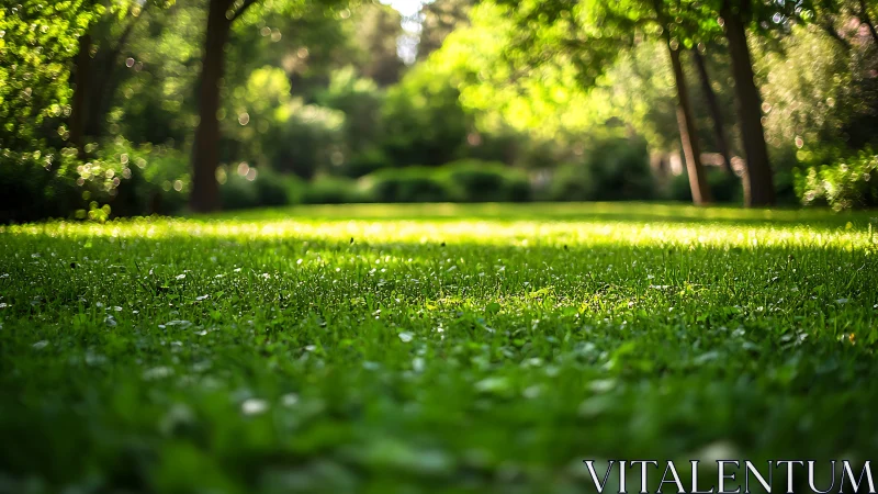 Shallow‑focus lawn perspective under diffuse forest canopy.