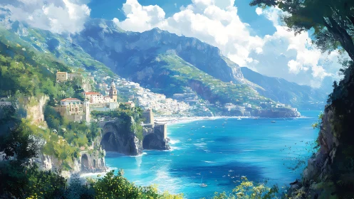 Coastal cliff town overlooks luminous turquoise bay panorama.