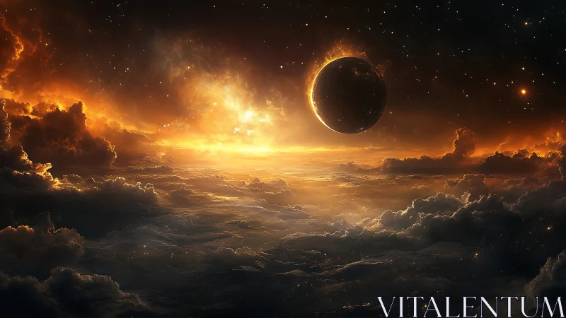 Burning planet silhouette hovers above glowing storm clouds