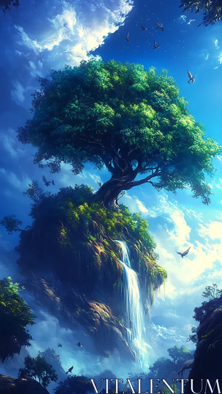 Skyborne world-tree cradling a luminous waterfall dream.
