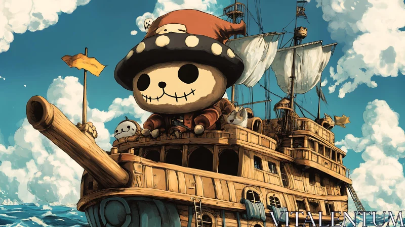 Cartoon skull-figure commands stylized wooden pirate ship