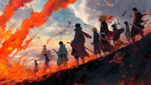 Samurai silhouettes advance through volcanic firestorm landscape