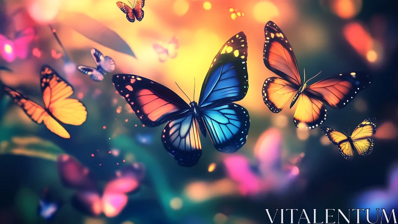 Luminous butterflies drifting through a dreamy twilight garden.