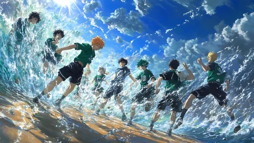 Energetic anime athletes training through crashing surf waves.
