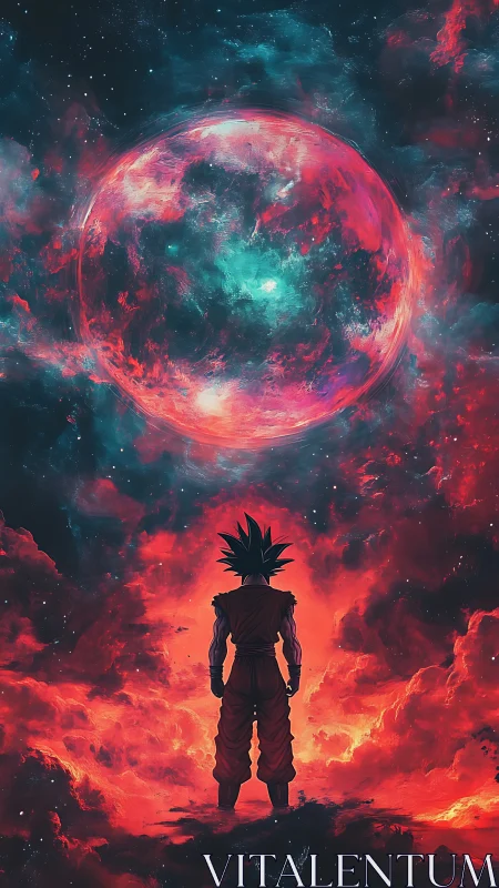 Saiyan warrior faces cosmic storm under burning nebula