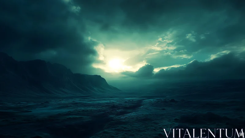 Glacial alien valley under teal storm-lit horizon glow.