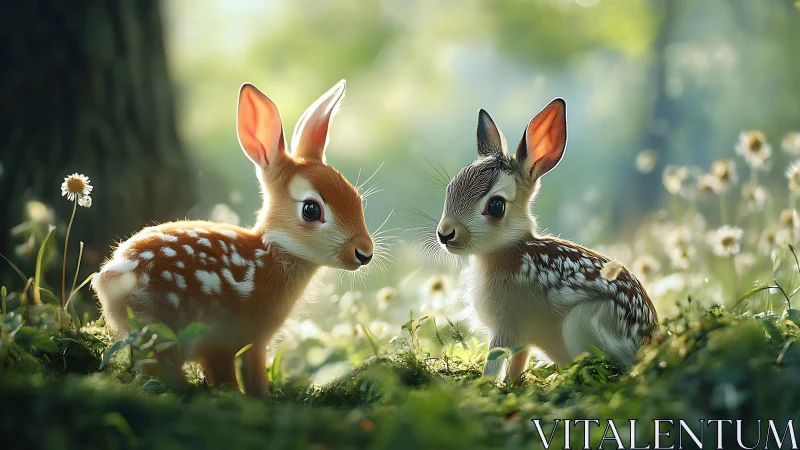 High-detail fawn pair rendered with shallow depth of field lighting