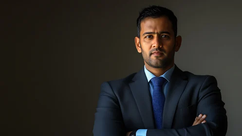 Calm confidence in a navy suit under soft studio light.