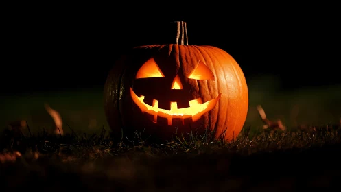 Jack-o-lantern glows on lawn with dramatic low-key lighting.