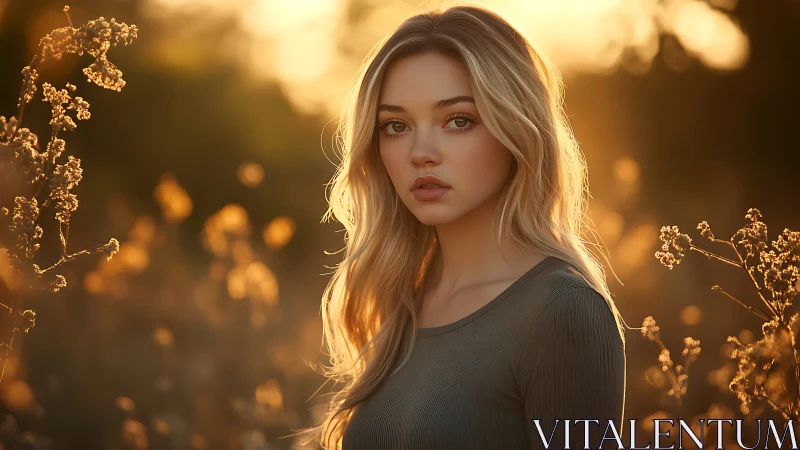 Golden hour portrait amid softly glowing wild meadow.