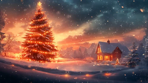 Snowfall hushes while a glowing Christmas tree quietly sings