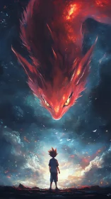Boy standing under vast fiery dragon spirit in sky.