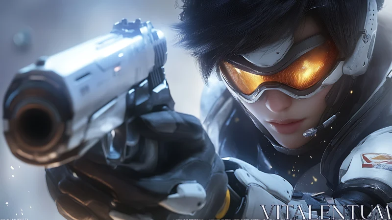 Futuristic armored shooter character holding handgun, close view.