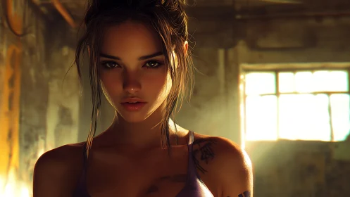 Photorealistic portrait in backlit industrial interior focus.