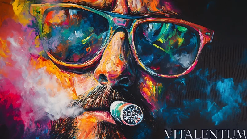 Bearded man with sunglasses smokes against vivid abstract colors