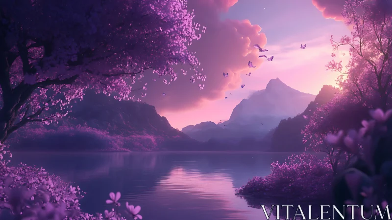 Dreamlike violet lake valley catches soft sunrise light