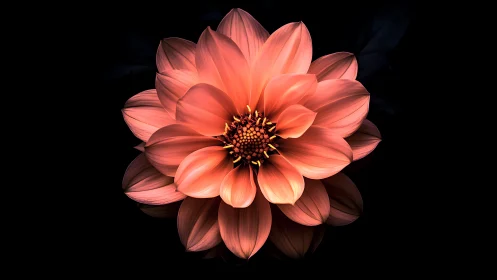 Coral dahlia with dark background botanical study.