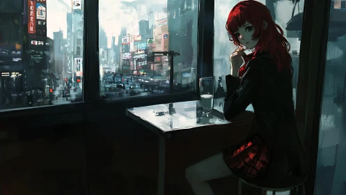 City lights surround a quiet girl lost in reflective thought