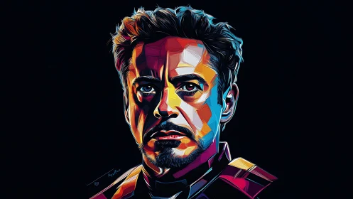 Geometric color portrait of a male figure on dark ground