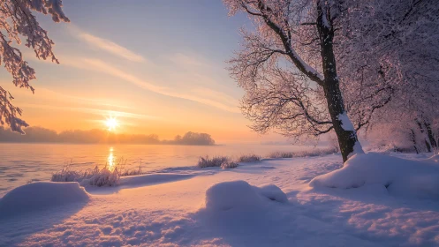 Winter sunrise over frozen lakeshore in pastel light.