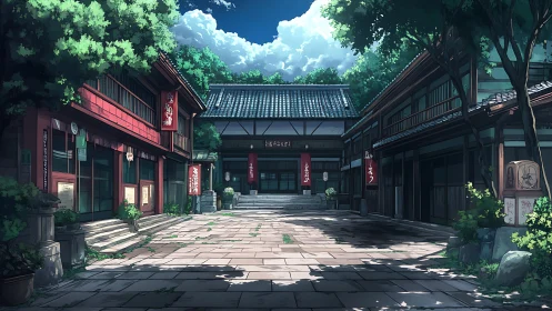 Sunlit courtyard between quiet traditional wooden shops.