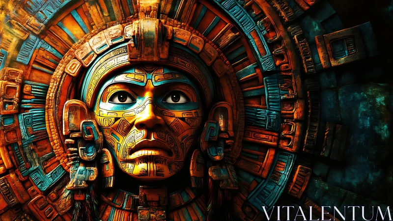 Radiant Aztec guardian mask within ornate stone calendar.