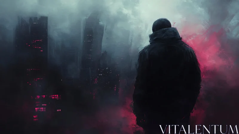 Lone figure drifting through neon fog over quiet cityscape.
