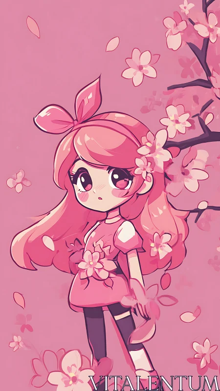 Soft pink blossom girl daydreaming among falling petals.