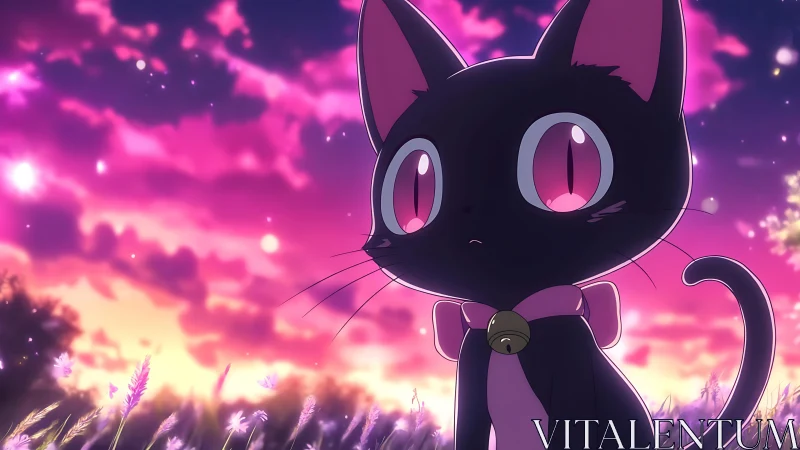 Starry-eyed black cat gazes over a neon sunset meadow.