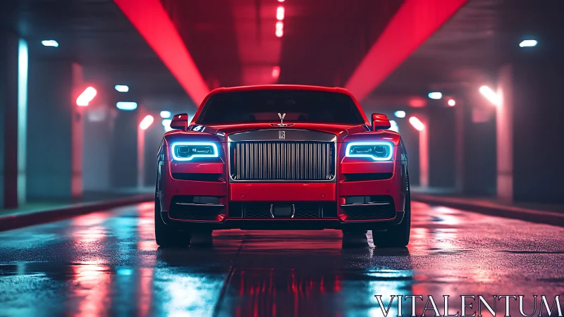 Red luxury sedan glows under neon lights in a wet tunnel.