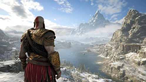 Armored warrior overlooking vast frozen Norse fjord landscape.