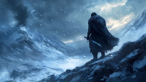 Solitary cloaked warrior surveys glacial mountain pass under storm