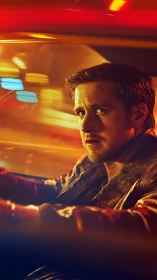 Cinematic driver in neon city night, intense close-up shot.