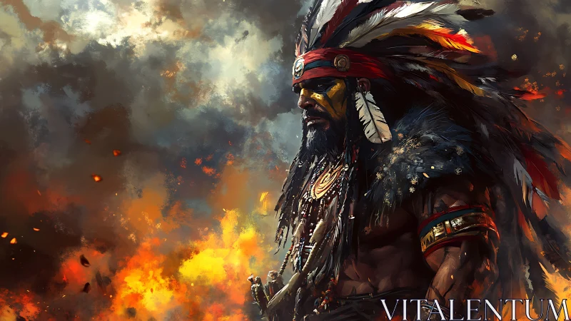 Warrior chief in plume headdress amid inferno sky digital.