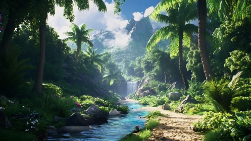 Tropical gorge with cascading waterfall through lush jungle landscape