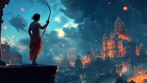 Heroic archer overlooking a glowing stormlit fantasy city.