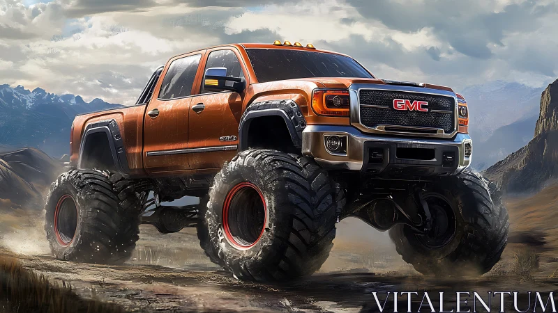 Orange GMC monster truck conquering rugged mountain pass.