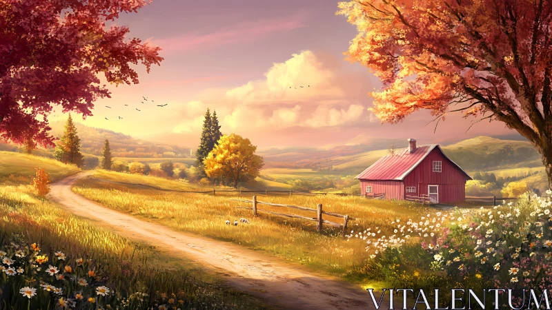 Warm sunset lighting defines stylized rural farmhouse landscape scene