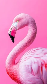Pink flamingo profile portrait against solid pink background