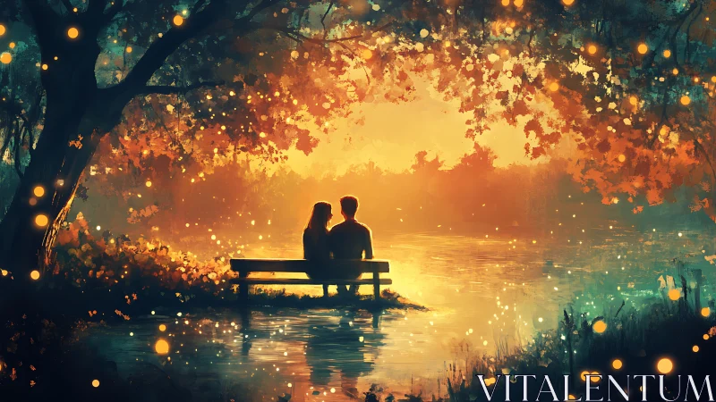 Two figures seated on bench facing water at sunset