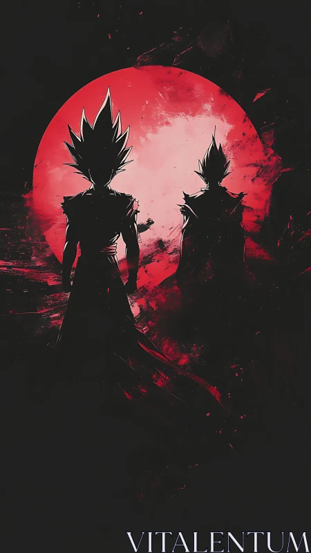 Two warrior silhouettes stand before red eclipsed moon