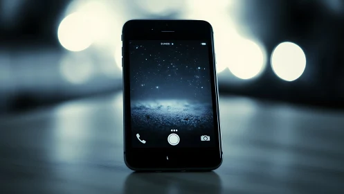 Smartphone glows against blurred bokeh lights background.