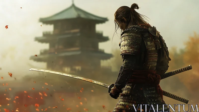 Lone samurai stands before temple in swirling autumn leaves.