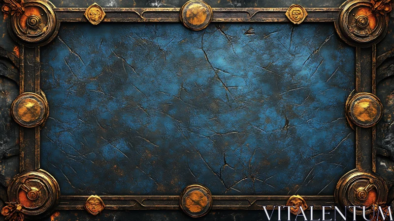 Rectangular blue textured panel framed by ornate gold border