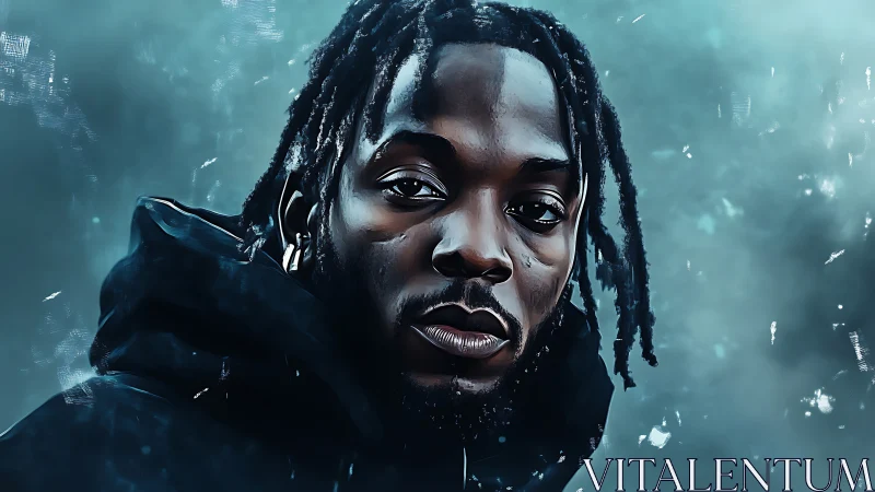 Digital portrait shows man in dark hoodie against teal haze