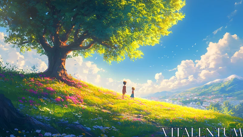 Sunlit hillside stroll beneath a comforting storybook tree.