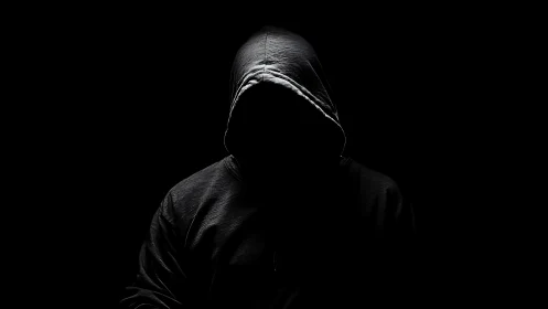 Hooded figure in deep shadow obscures all facial details