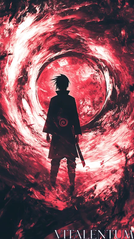 Silhouetted anime swordsman stands before swirling red vortex