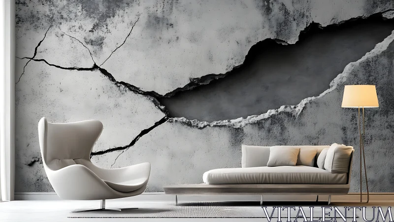 Modern lounge with cracked concrete mural dominates wall