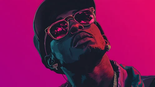 Vector neon portrait with bold magenta gradient background.